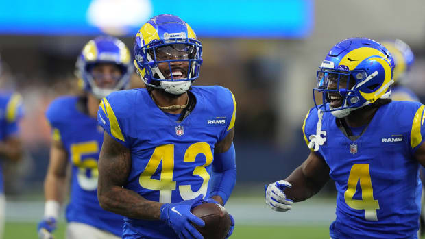 Dec 17, 2023; Inglewood, California, USA; Los Angeles Rams safety John Johnson III (43) celebrates after intercepting a pass against the Washington Commanders in the second half at SoFi Stadium.